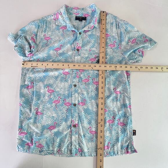 Margaritaville Mens Button Front Shirt Sz S Flamingo Palm Hawaii Aloha Blue Pink - Picture 7 of 8